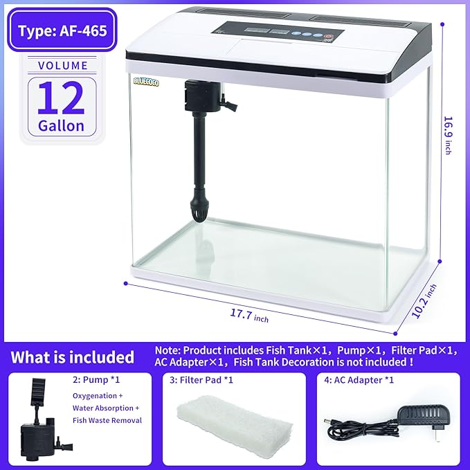 Glass Aquarium Fish Tank Starter Kit with Temperature and Time Display for Betta Fish Featuring Crystal Clear 360° Viewing, Eco-Cycle Filtration, Air Pump 12 Gallon-PawvioPets