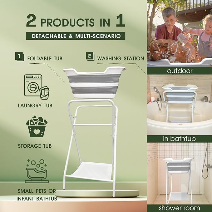 CYGNE 2-in-1 Dog Bathtub & Washing Station, Elevated Collapsible Bathtub with Drainhole & Storage Rack, Foldable Portable Indoor/Outdoor Pet Bathing & Grooming for Small Dogs Cats-PawvioPets
