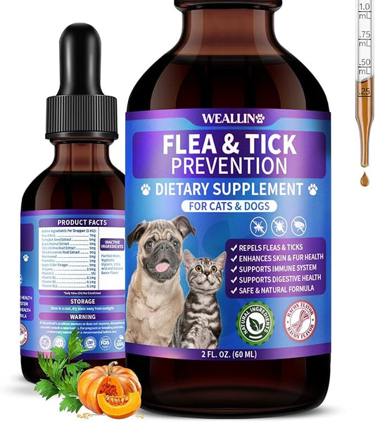 Flea and Tick Prevention Support for Cats and Dogs Natural Flea Treatment Drops with Multivitamin for Pets Oral Natural Supplement Flea and Tick Treatment Drops for All Breeds and Ages-PawvioPets