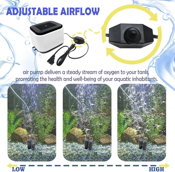 Aquarium Air Pump Quietest for Fish Tank 20-300Gallon/20-600Gallon,2 Air Outlets Ultra Silent Powerful Adjustable Aerator Pump for Livewell 190GPH/260GPH 5W/10W,Air Stones, Tubing, Check Valve-PawvioPets