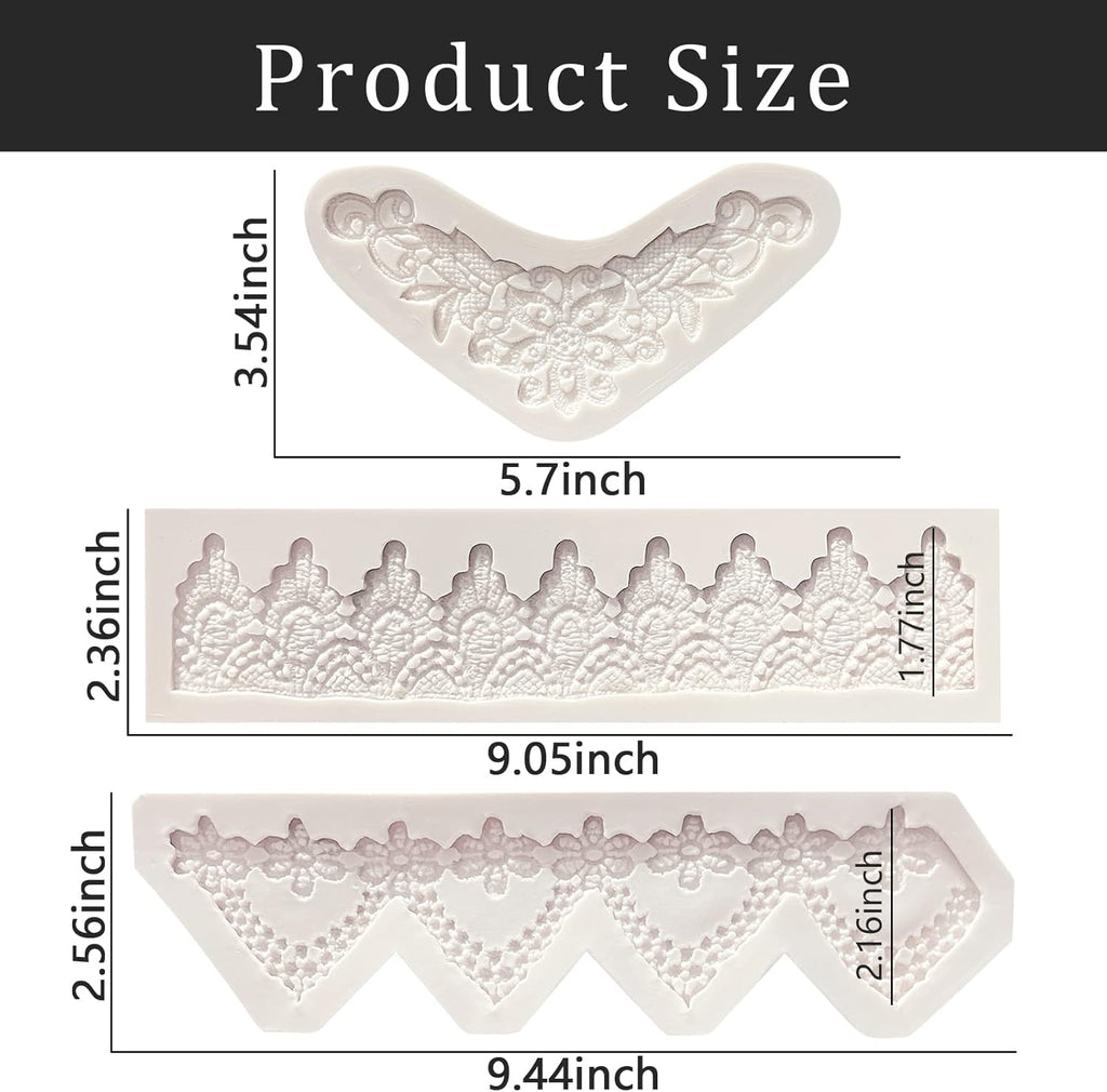 Lace Fondant Mold Set of 3, Edible Lace border Cake Decorating Imprint Mat Silicone Molds for Wedding, Valentine's Day, Chocolate, Cupcake, Cookies, Gum, Candy, Marzipan, Polymer Clay, Epoxy Crafts