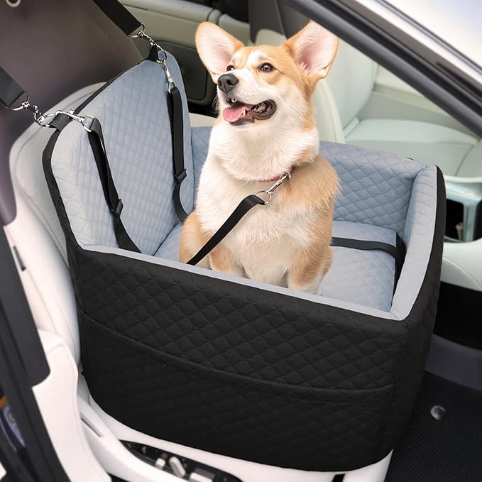 Dog Car Seat for Small & Medium Dogs Under 35lbs, Detachable & Washable Pet Car Seat, Interior Height 6 Inches Pet Travel Bed with Storage Pockets and 2 Dog Safety Belts (Black/Gray)-PawvioPets