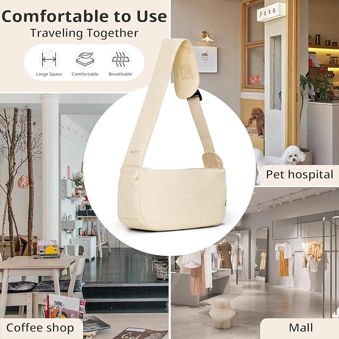 Dog Sling Carrier for Small Dogs and Cats, Lightweight Collapsible Pet Travel Bag with Adjustable Strap, Side Pockets & Breathable Mesh (Beige, 15.7" L x 5.9" W x 8.6" H)-PawvioPets