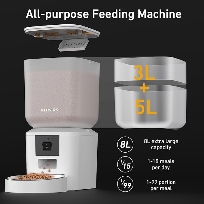 Automatic Dog & Cat Feeder with Camera & WiFi – 8L/34 Cups, 1080P Night Vision, 2.4 & 5G WiFi, 2-Way Talk, 10s Voice Recording, Timed Food Dispenser, Up to 99 Portions, 15 Meals Per Day-PawvioPets