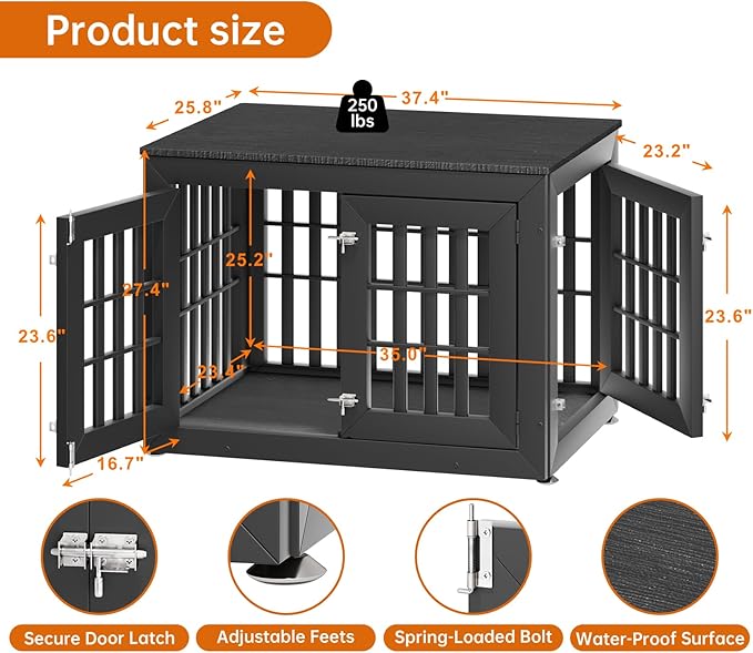 38" Heavy Duty Dog Crate Furniture for Small,Medium and Large Dogs,Rustic Wooden Dog Cage Kennel Indoor Furniture with Waterproof Top,Decorative Pet House Side End Table (Black)-PawvioPets