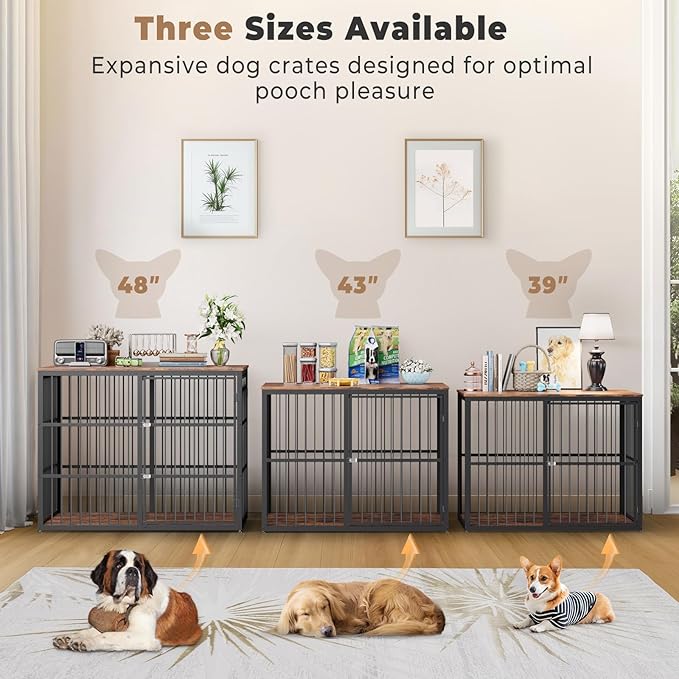 43'' Dog Crate Furniture with 3 Doors, XL Wooden Crate End Table Heavy Duty Indoor Puppy Cage for Medium to Large Dogs, Multiple Units Can be Combined-PawvioPets