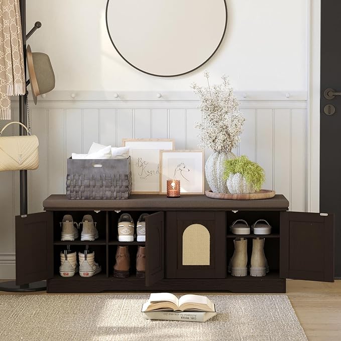 DINZI LVJ Shoe Bench, Entryway Storage Bench with Doors, Cushion, 2-Tier Shoe Rack with 8-Cubby, 47.2”L x 13.8”W Shoe Organizer Cabinet, Adjustable Shelf, Living Room, Bedroom, Espresso with Rattan-PawvioPets