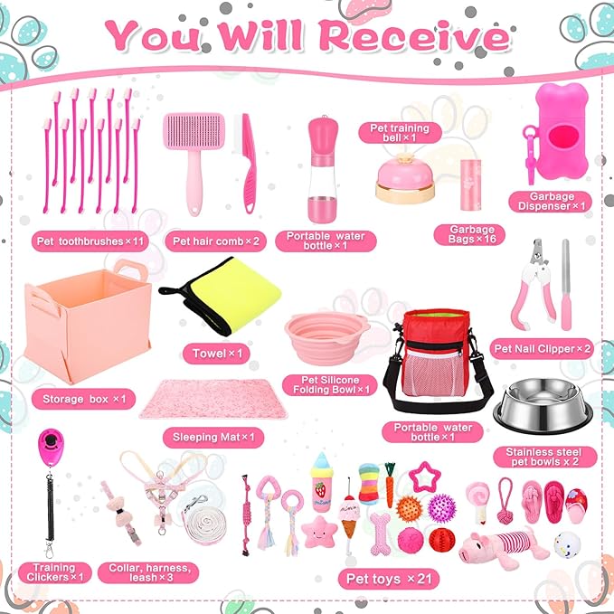 65 Pcs Puppy Supplies Starter Kit Small Dog Essentials Includes Dog Leash, Toys, Bowl, Brushes, Water Bottles, pet Blankets Puppy Accessories for New Welcome Gift Supplies(Cute,Pink)-PawvioPets