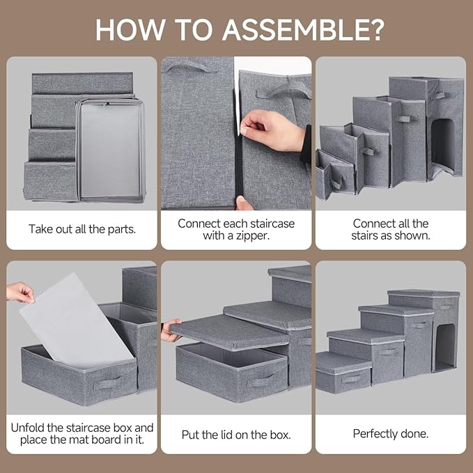 Dog Stairs with Storage, Folding Pet Steps with Zip for Small Dogs and Cats, 4-Step Pet Stairs with Pet House for High Bed, Couch and Car Ramp (Gray, 4 Steps with Condo)-PawvioPets