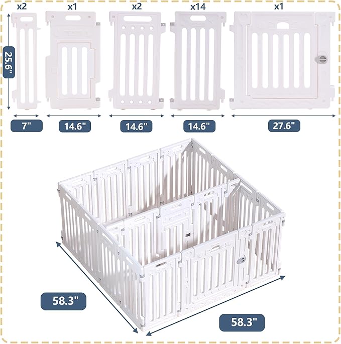 2 Room Dog Playpen with Door,DIY Shape Combination Puppy Pen,16-Panel+2 Link Piece+Large Door+Small Door,25.5" H Dog Fence,Non-Slip&Secure Pet Gate,Easy to Assemble (Two Rooms)-PawvioPets