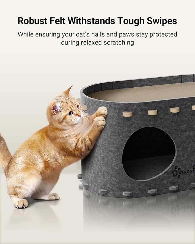 DownyPaws Cat House for Indoor Cats, Cat Bed Cave for Multiple & Large Cats Up to 22 Lbs, Scratch Resistant Peekaboo Cat Caves, Foldable Tunnel Enclosed Bed, PeekaPurr, Sesame Gray-PawvioPets
