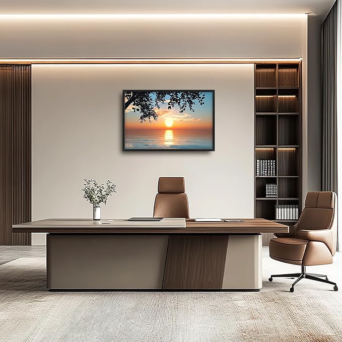 Framed Large Lake Sunset Wall Art, Oversized Natural Landscape Wall Decor for Living Room, Tree Leaves Canvas Painting Pictures Home Decoration for Living Room Bedroom Office 36"x24"-PawvioPets