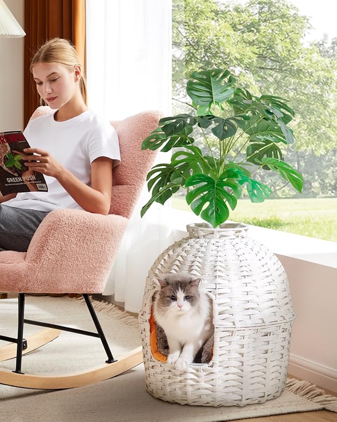 Cat Litter Box Plant Enclosure, Hidden Handwoven Rattan with Cat Litter Box Furniture and Artificial Plants, Odor Control Filter, Real Stones in Living Room, Bedroom, Corner (White)-PawvioPets