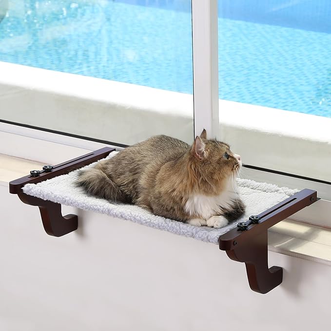 Easy Seat Cat Perch for Window Sill - Hammock Design w/Premium Wood & Robust Metal Frame - Cat Window Seat for Large Cats and Kittens (Dark Stained Wood w/Gray Bed, Medium (23''W x 14''D))-PawvioPets