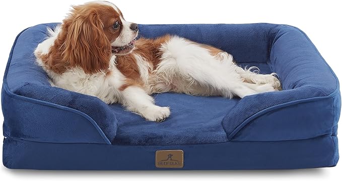 Bedfolks Orthopedic Dog Bed, Waterproof Dog Sofa Bed for Medium Dogs, Egg Foam Pet Couch Bed with Removable Washable Cover and Nonslip Bottom, Navy Blue-PawvioPets