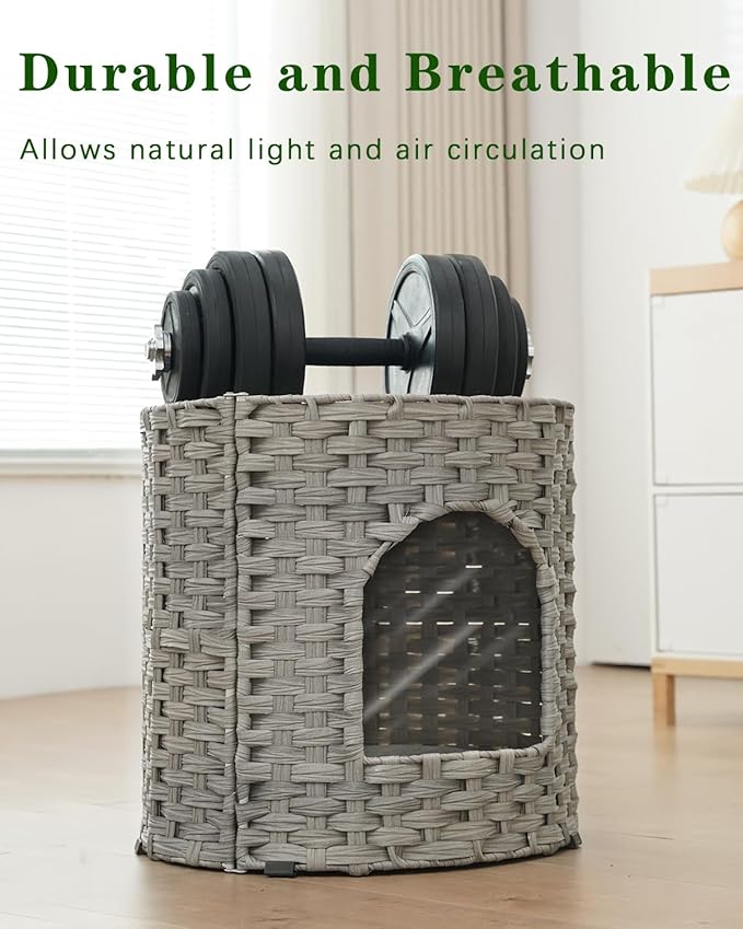Cat House for Indoor Cat, Large Double Cat Houses Cat Bed Cave, Handwoven Rattan Pet Beds with One Soft Pad, 17 x 17 x 17 Inches Foldable Kitten Hideaway in Living Room Gray-PawvioPets