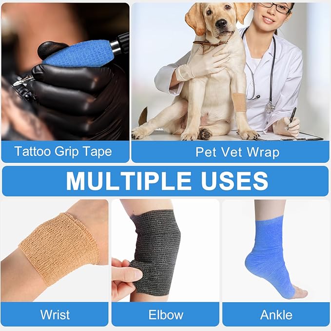 24 Pack Self Adherent Cohesive Wrap Bandages, 2” x 5 Yards Blue Athletic Tape, Medical Tape, Vet Wrap, Elastic Grip Tape for Sports Wrist Ankle Pet Ankle Swelling Sprains-PawvioPets
