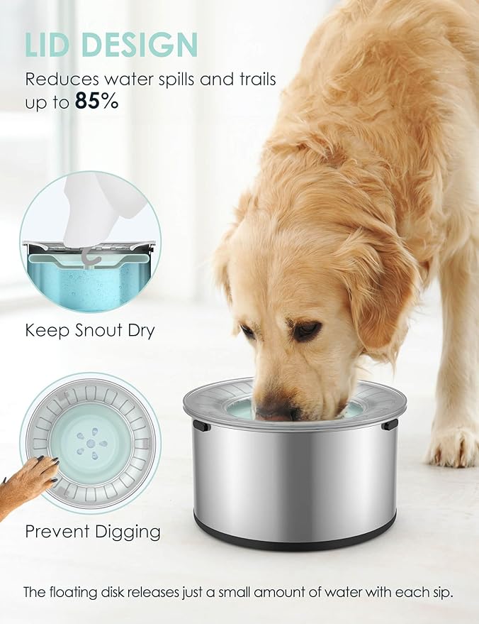1Gallon Large Dog Water Bowl No Spill, [Anti Digging Lid & Rubber Bottom] Spill Proof Dog Bowl, Anti Splash Mess Dripless Slow Drinking Stainless Steel Water for Sloppy Messy Drinkers Car-PawvioPets