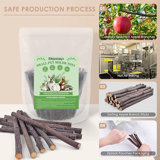Bissap 120g/4.2oz Apple Sticks for Rabbits, Natural Bunny Chew Toys and Treats for Chinchilla Guinea Pig Hamster Gerbil Small Animals Pet Apple Wood Stick Toys Teeth Grinding-PawvioPets