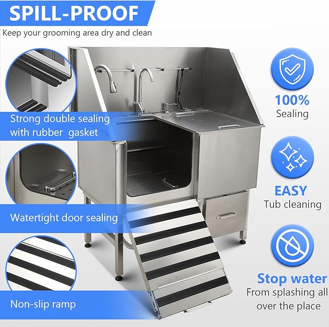 50" Dog Washing Station, Professional Stainless Steel Pet Dog Bathing Station with Ramp, Faucet, Storage Drawer, Floor Grate Dog Bathtub for Large, Medium, Small Pets (Right Ramp)-PawvioPets
