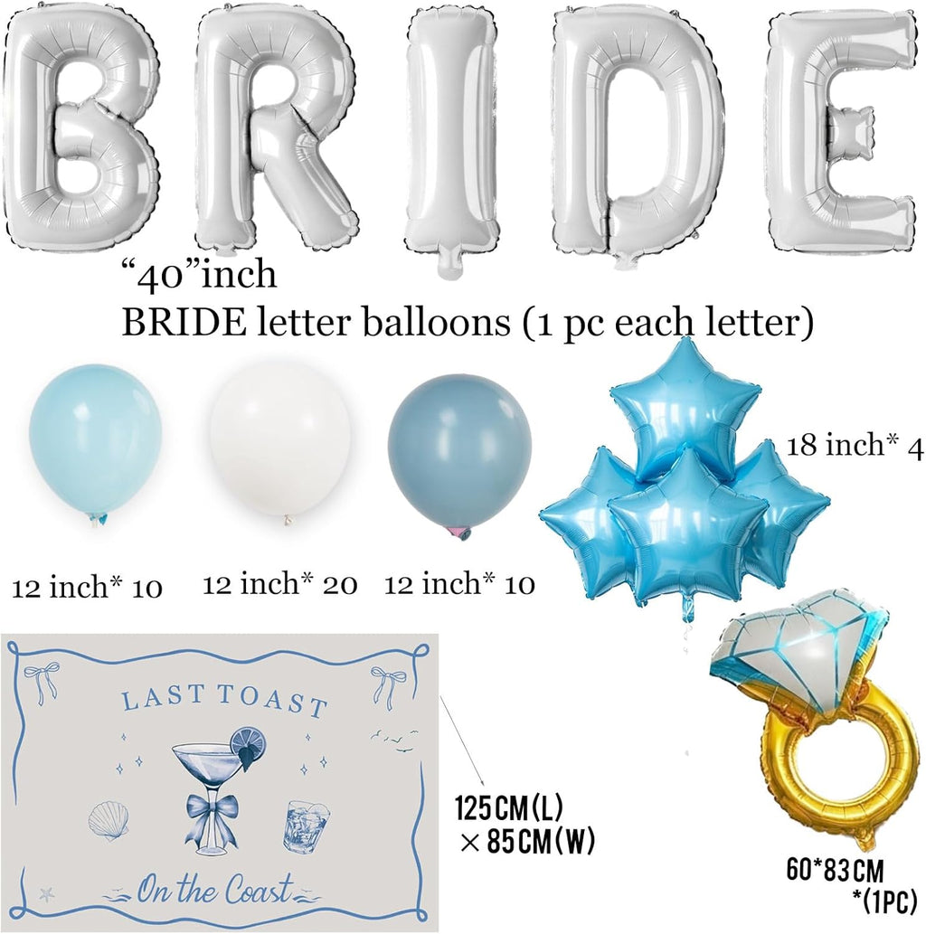 Last Toast on the Coast Bachelorette Decorations Blue bridal shower Blue Balloon Garland Kit with Backdrop Huge 40 inch BRIDE letter Diamond Ring balloons for Hen Party Wedding Engagement supplies