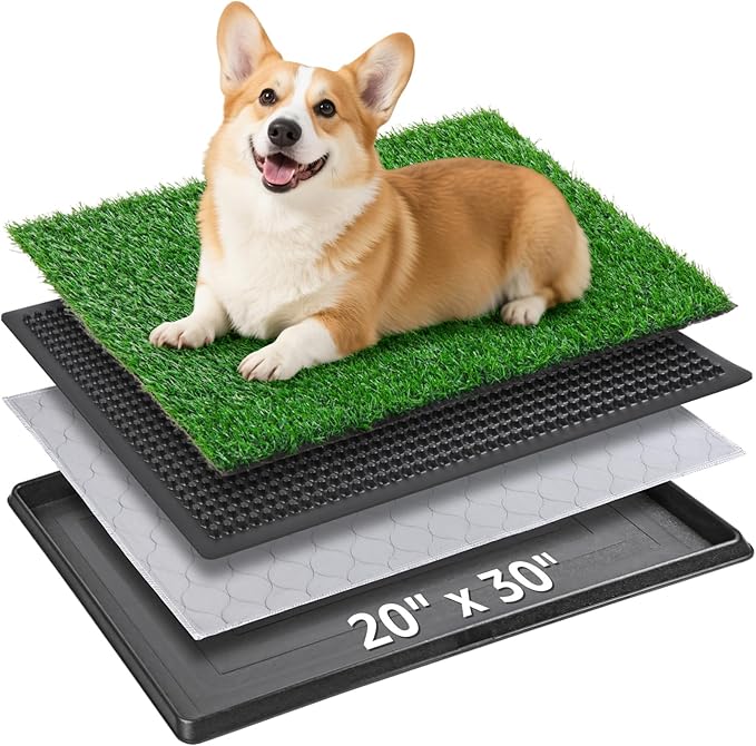 Dog Grass Pet Loo Indoor/Outdoor Portable Potty, Dog Litter Box, Artificial Grass Patch Bathroom Mat and Washable Pee Pad for Puppy Training, Full System with Trays (Pet Training Tray, 20"x30")-PawvioPets