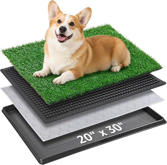 Dog Grass Pet Loo Indoor/Outdoor Portable Potty, Dog Litter Box, Artificial Grass Patch Bathroom Mat and Washable Pee Pad for Puppy Training, Full System with Trays (Pet Training Tray, 20"x30")-PawvioPets