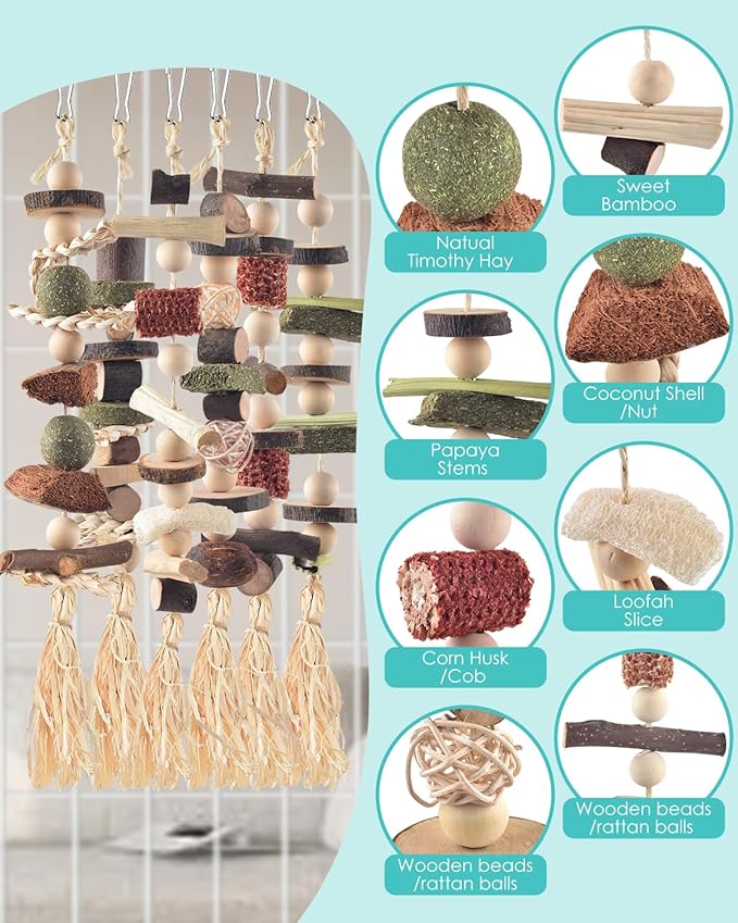 6PCS Bunny Chew Toys, Hamster Rabbit Cage Hanging Chew Toys, Natural Apple Wood Bunnies Treats, Improve Small Animal Teeth Health for Guinea Pig Chinchilla Ferret Rats Gerbil-PawvioPets