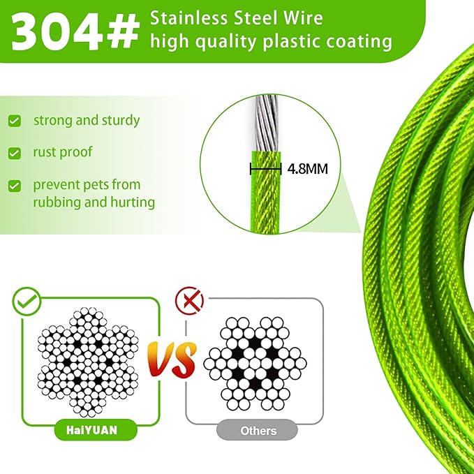 Dog Tie Out Cable 10/15/20/25/30 FT Runner for Yard Steel Wire Cable with Durable Superior Clips Green Chains for Outside Dog Lead for Large Up to 165 Lbs-PawvioPets
