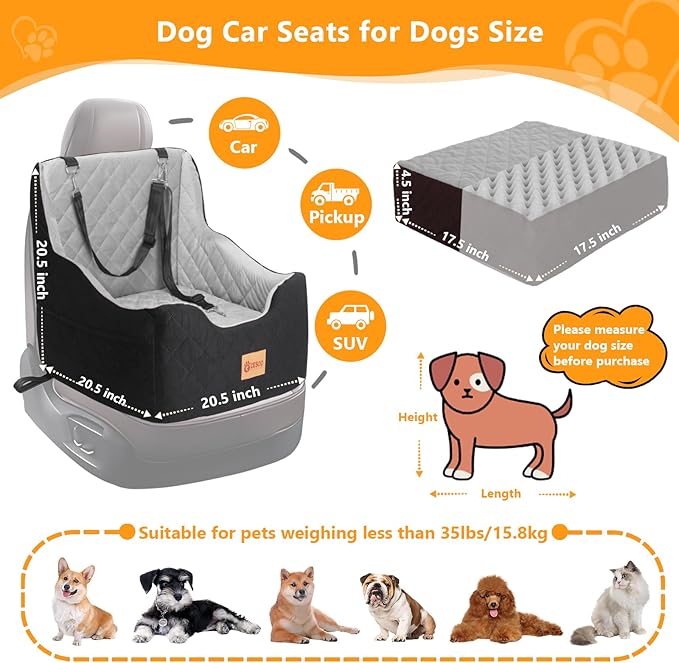 Dog Car Seat for Small/Medium Dogs Under 40lbs, Dog Booster Car Seats Memory Foam and Velvet, Detachable and Washable Pet Booster Carseats with Clip-On Satebelt and Storage Bag.(Black/Gray)-PawvioPets