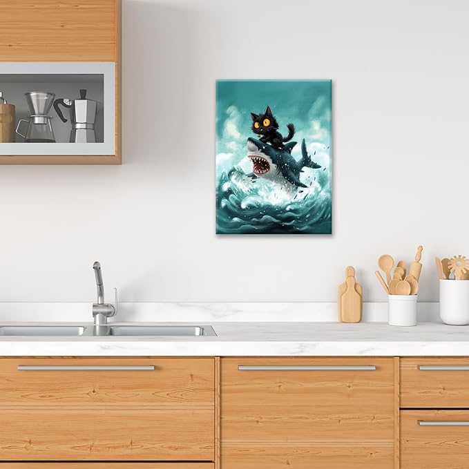 Funny Black Cat Bathroom Wall Art Cute Cat Riding Shark Canvas Wall Decor Animal Kitten Pictures Painting Print Artwork Framed Decorations Gifts for Cat Lover Kids Room Bedroom 24"x20"-PawvioPets