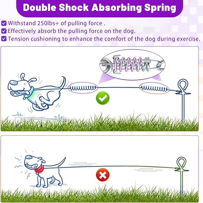 Dog Tie Out Cable - 10/15/20/25/30FT Heavy Duty for Large Dogs Up to 250LBS - Rosy Pink/Blue/Purple/Silver/Red/Green/Yellow-PawvioPets