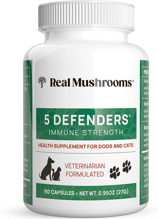 5 Defenders Mushroom Supplement for Cats & Dogs – Chaga, Shiitake, Reishi, Turkey Tail, Maitake – Cat Multivitamin & Dog Supplement for Wellness Support– 90 ct Real Mushrooms Powder Capsules-PawvioPets