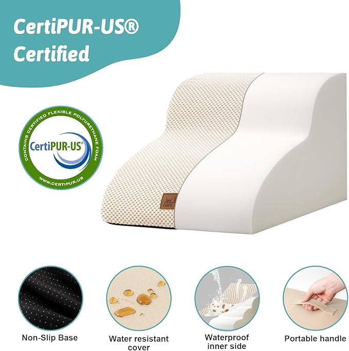 Dog Stairs for Small Dogs 11.8" H, Pet Step with Leakproof Cover, High Density Foam Cat Ramp for Chair or Sofa, Lightweight, Durable, Comfort, 15.7x19.7x11.8 inch, 2 Tiers, Beige-PawvioPets