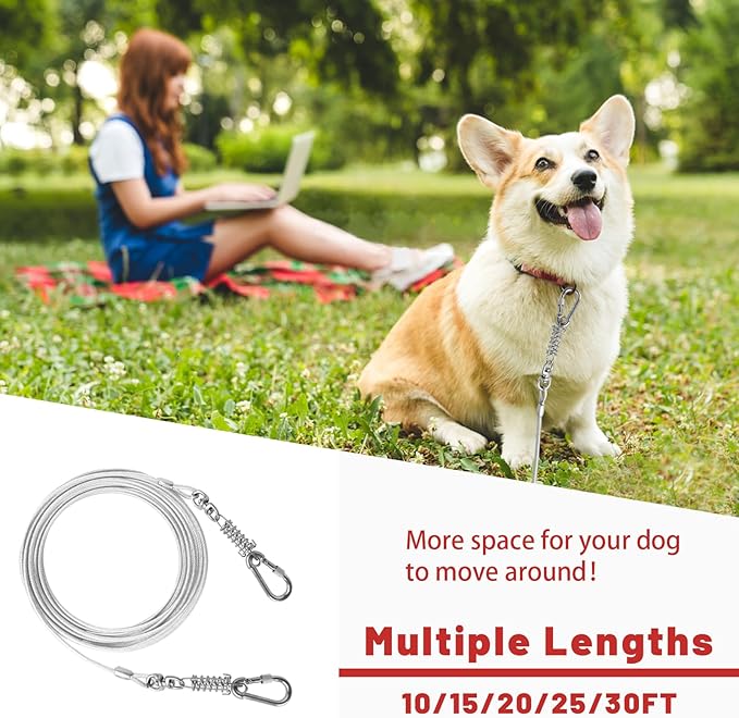 Dog Tie Out Cable - 10/15/20/25/30FT Heavy Duty for Large Dogs Up to 250LBS - Rosy Pink/Blue/Purple/Silver/Red/Green/Yellow-PawvioPets