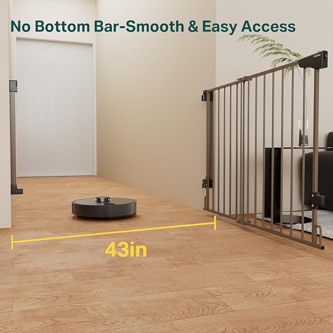 Cumbor 29.2-43" No Bottom Bar Baby Gate for Stairs, 2-in-1 Hardware Mounted Dog Gate Indoor, Pet Gate for Doorways with Large Walk Thru Door, Child-Proof Safety Gate for Top & Bottom of Stairs (Brown)-PawvioPets