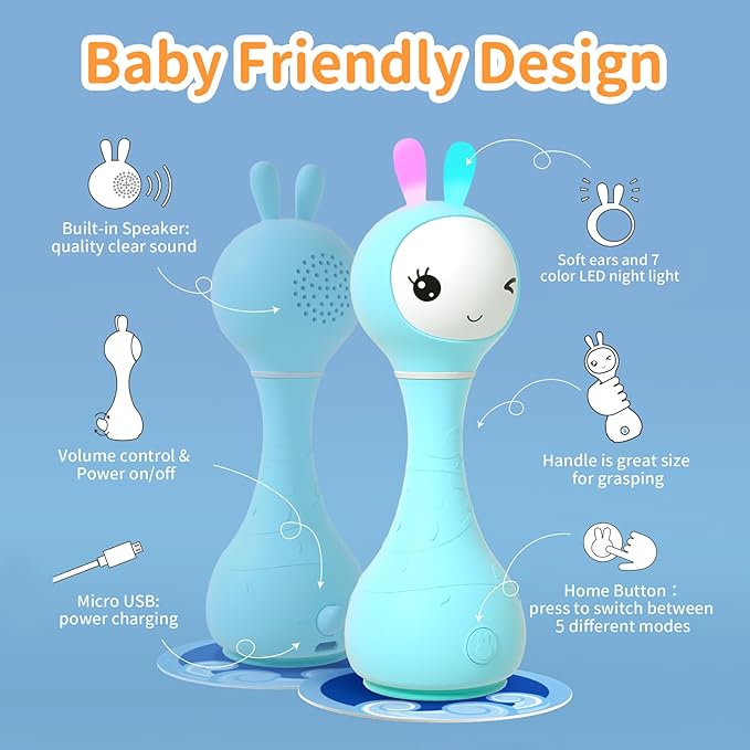 alilo Smarty Bunny Baby Rattle Musical Light Up Toys, Infants Newborns Baby Toys 0-3-6-12-18-24 Months,1 Year Old Boy Girl Gifts, 4 Music Modes and Color Recognition Function with 9 Color Card-PawvioPets