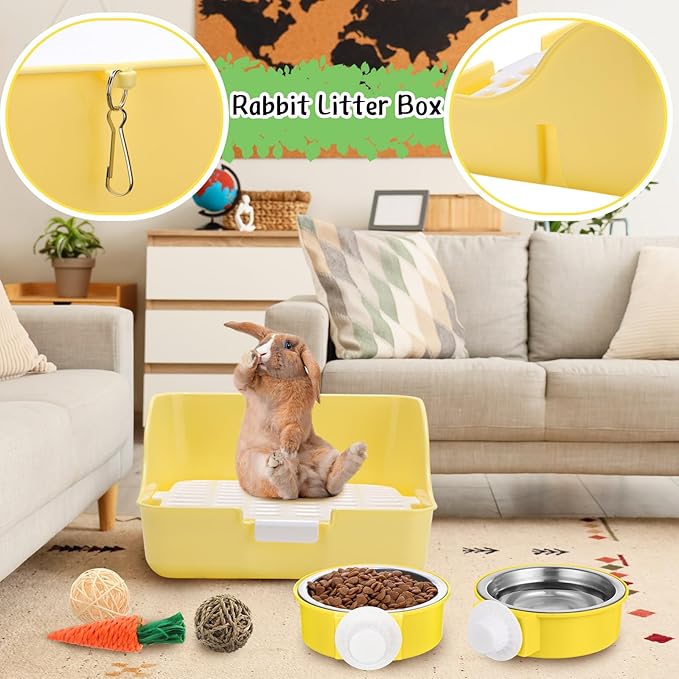 15 Pcs Rabbit Starter Kit Small Rabbit Litter Box Animal Grooming Kit Bunny Toys Bowl Blankets with Cleaning Set for Guinea Pig Accessories(Blue)-PawvioPets