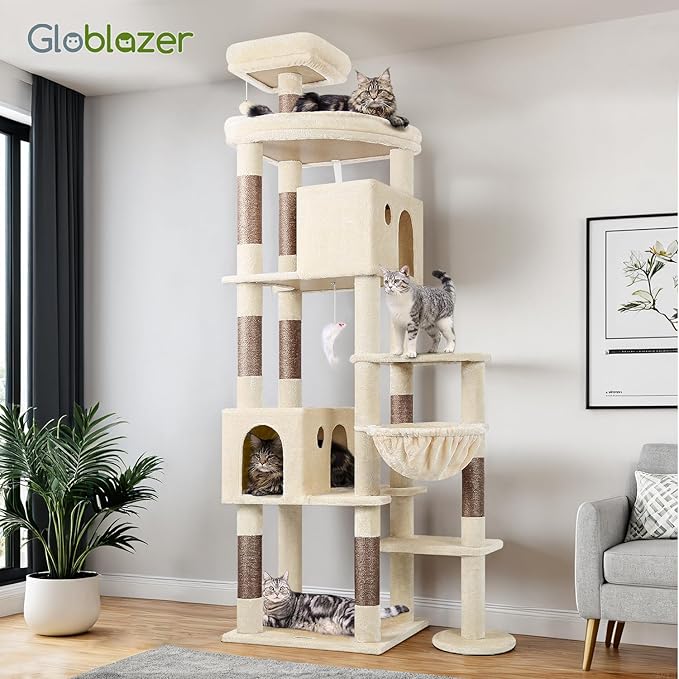 Globlazer Giant Cat Tree, 83 inch Cat Tree for Indoor Cats Large Adult, XXL Cat Tower with 9 Scratching Posts for 20lb+ Heavy Duty Large Adult Cats, F83, Beige-PawvioPets