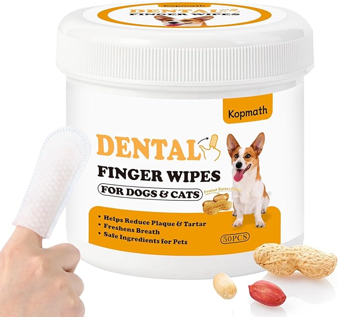 Dental Care Finger Wipes for Dogs & Cats, Reduces Plaque & Tartar Freshens Breath, Pre-Soaked Pet Teeth Wipes, Easy to Use Disposable Oral Cleaning Pads, Peanut Flavor-PawvioPets