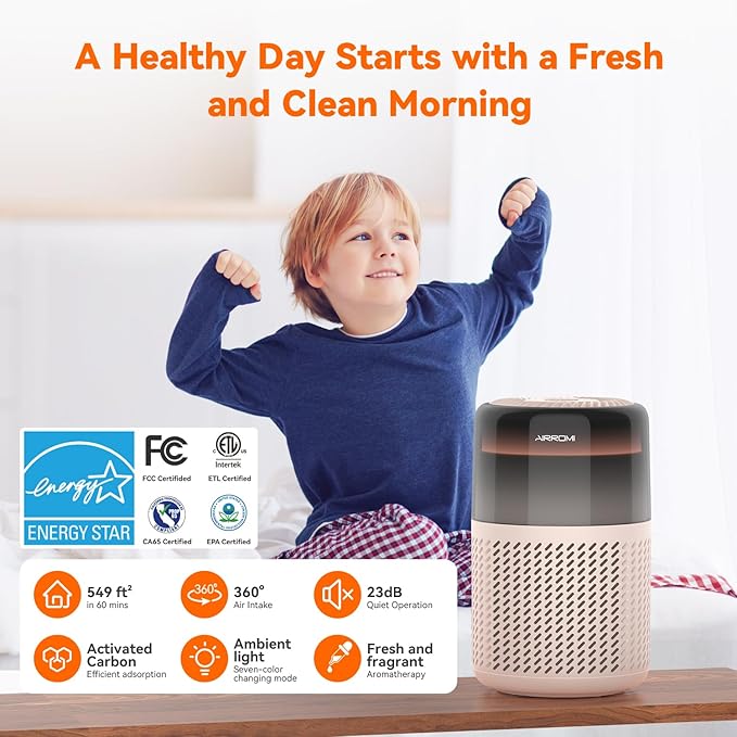 AIRROMI Air Purifier for Bedroom Home,HEPA Filter,Covers Upto 549 Ft²,Quiet 360°intake Air Cleaner with Fragrance ponge for Better Sleep,Night Light,Filters Smoke,Pet Dander,Allergies,Dust,A2005 Beige-PawvioPets