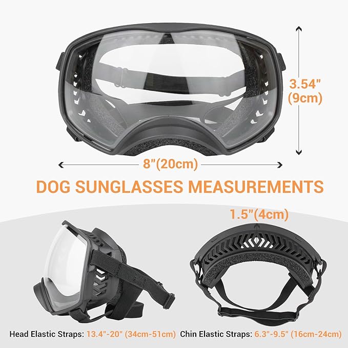 Dog Sunglasses UV Protection Clear Dog Goggles Windproof Glasses with Elastic Straps for Medium-Large Breed, Black Frame + Clear Lens-PawvioPets