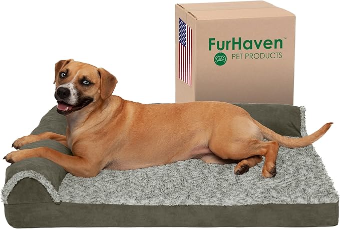 Furhaven Cooling Gel Dog Bed for Large/Medium Dogs w/ Removable Bolsters & Washable Cover, For Dogs Up to 55 lbs - Two-Tone Plush Faux Fur & Suede L Shaped Chaise - Dark Sage, Large-PawvioPets