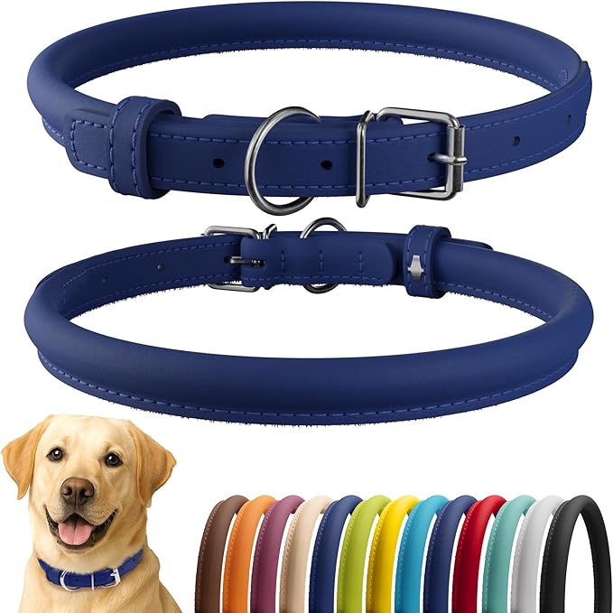 CollarDirect Rolled Leather Dog Collar, Soft Padded Round Puppy Collar, Handmade Genuine Leather Collar Dog Small Large Cat Collars 13 Colors (15-19 Inch, Deep Blue Smooth)-PawvioPets