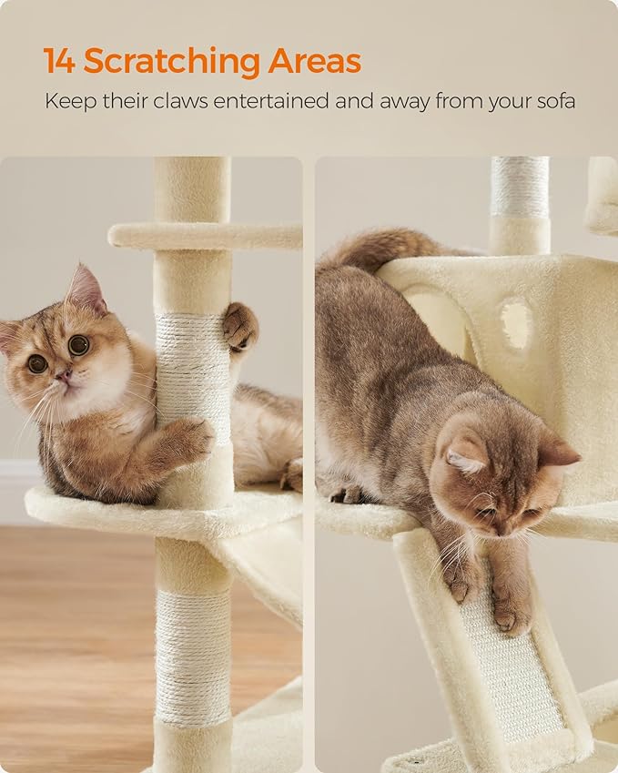 Feandrea Cat Tree, 66.1-Inch Large Cat Tower with 13 Scratching Posts, 2 Perches, 2 Caves, Basket, Hammock, Pompoms, Multi-Level Plush Cat Condo for Indoor Cats, Beige UPCT165M01-PawvioPets