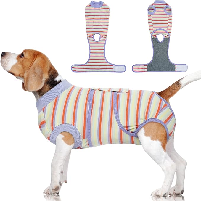 FUAMEY Recovery Suit for Dogs After Surgery,Soft Breathable Dog Bodysuit E-Collar & Cone Alternative Surgical Suit,Male Female Dog Neuter Spay Suits Anti Licking Wounds Onesie Purple Stripes XXL-PawvioPets