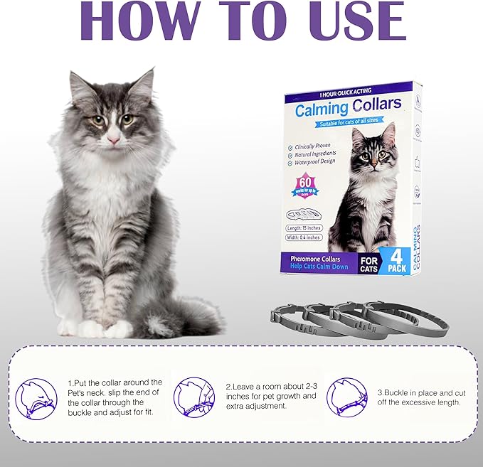 4 Pack Calming Collar for Cats - 60 Days Anxiety and Stress Relief, Relaxing Cat Collar, Adjustable Pheromones Collar for Cats，Natural Soothing for Continuous Calming-PawvioPets