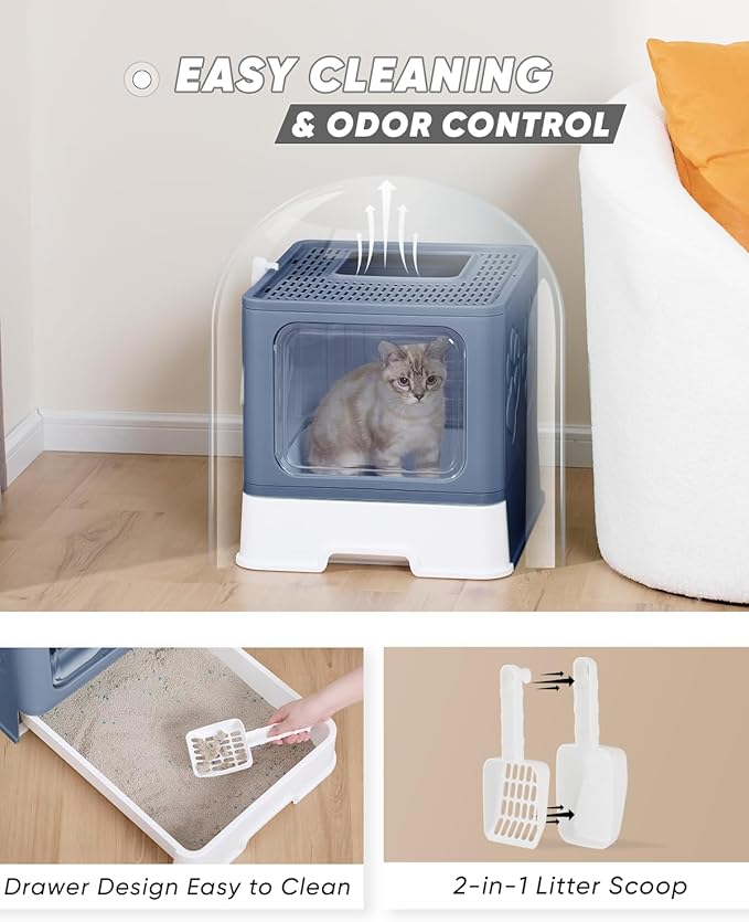 Enclosed Cat Litter Box, Large Litter Box for Big Cats, Covered Kitty Litter Boxes with Lid, Top Entry Cat Box Enclosure with Scoop, Odor Control, Easy to Clean(Blue)-PawvioPets
