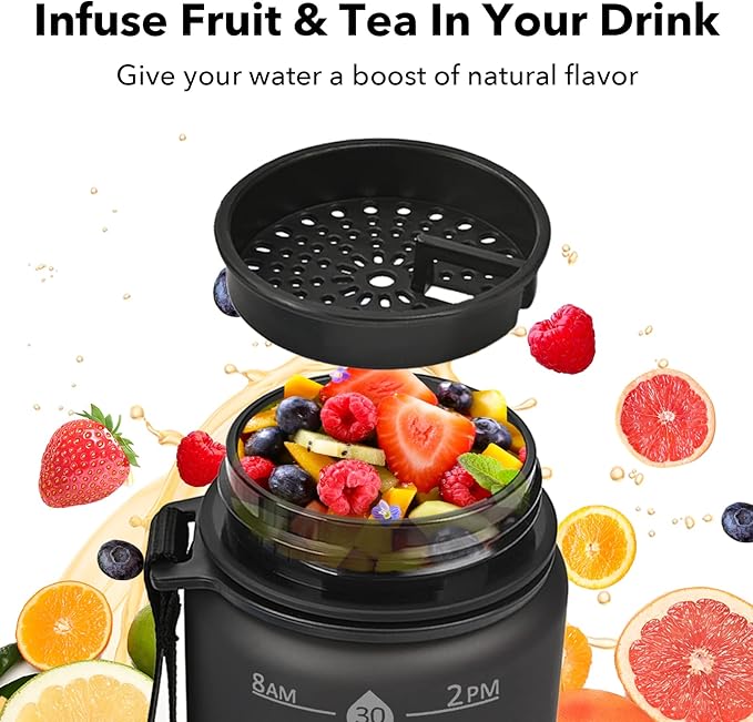 32oz Motivational Water Bottles with Time Marker & Fruit Strainer, Transparent Gradient Color Water Bottle with Times to Drink, Leakproof & BPA Free, Reusable Bottle with Strap (No Straw)-PawvioPets