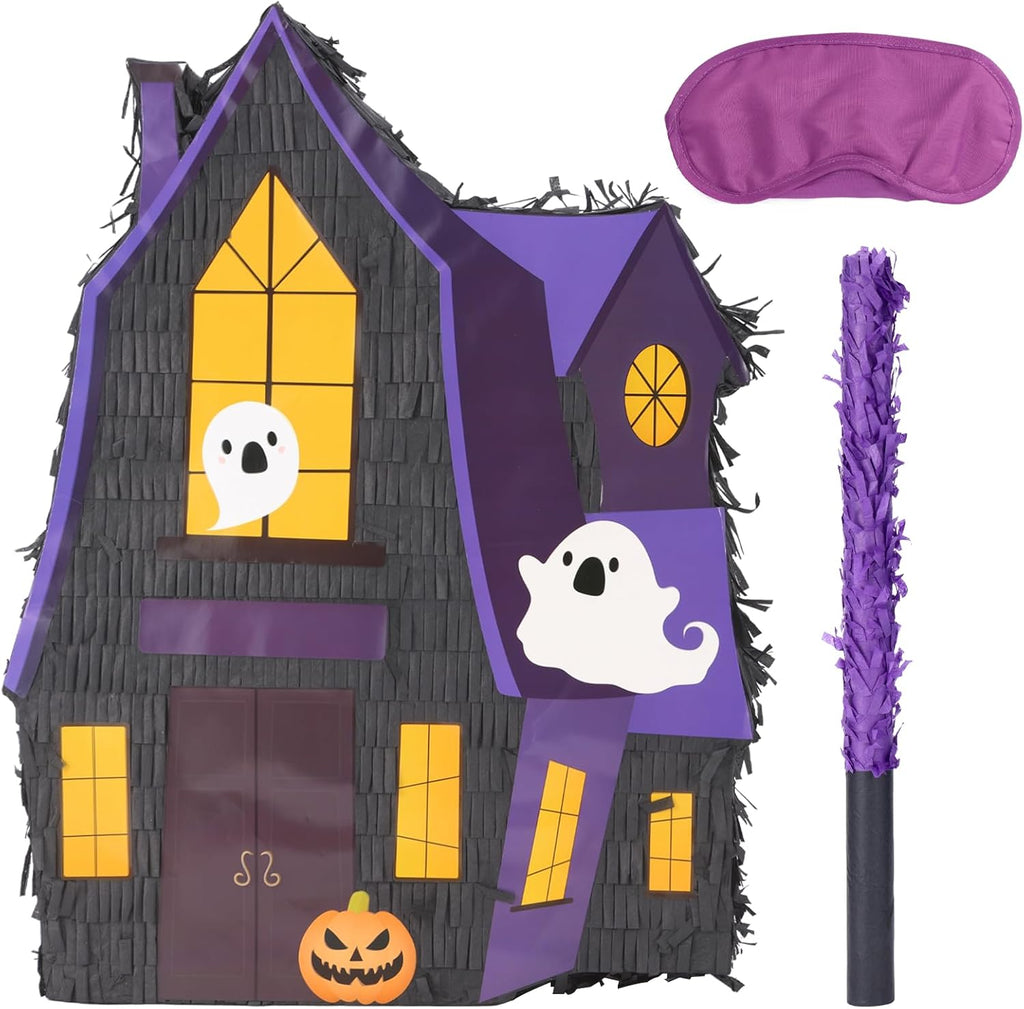 Halloween Haunted House Pinatas Bundle with a Blindfold and Bat (16x12.5x4 Inches), Ghost Castle Pinata, Party Games and Decoration
